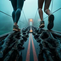 Two people's feet and lower legs running on a wet suspension bridge in foggy twilight conditions