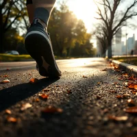 Low-angle close-up of a running shoe mid-stride on a leaf-scattered path, backlit by golden sunlight through trees
