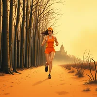 Woman in orange outfit running along a sandy path lined with bare trees, distant castle-like structure in background