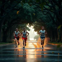 Three runners racing along a wet tree-lined road at dawn, warm light reflecting off the surface.