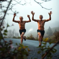 Two shirtless older men with grey hair jumping with arms raised on a misty road lined with foliage