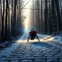 Wheelchair racer in red jacket on a snowy cobblestone path through a misty winter forest