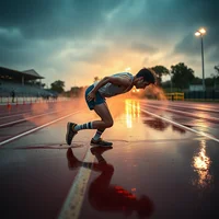 Runner crouched in starting position on a wet red running track under stormy evening sky