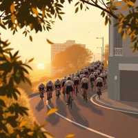 Large group of cyclists riding through a sun-drenched city street, framed by golden backlit foliage
