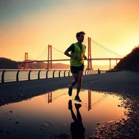 Solo runner on a waterfront road at sunset with a large suspension bridge and puddle reflection in the foreground