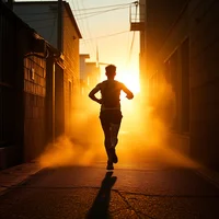 Silhouetted person running toward a bright orange sunset glow in a narrow dusty alley between buildings