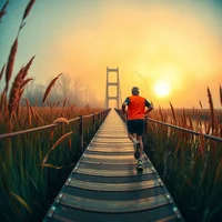 Runner in orange top jogging along a wooden boardwalk toward a suspension bridge at sunrise