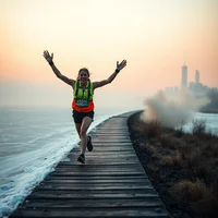 Runner with arms raised on a wooden boardwalk at hazy dawn, city skyline visible in background