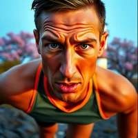 Close-up of a man in a green tank top leaning forward with a furrowed, intense expression, pink blossoms in background