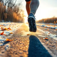 Close-up of running shoes on a frost-dusted path with autumn leaves, backlit by early morning sun