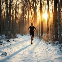 Person running along a snow-covered forest trail with sunlight streaming through bare trees.