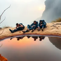 Four people resting on a sandy bank beside a still reflective pool, misty cliffs in background at dusk