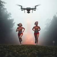 Two women in red athletic wear running through misty woods with a drone hovering above them