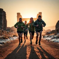 Four runners in green jackets jogging toward camera on a dirt path past rocky ruins in warm golden light.