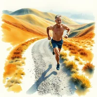 Shirtless older male runner on a gravel path climbing through golden dry-grass hills on a sunny day