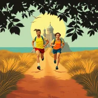 Two runners in colorful athletic gear jogging on a dirt path toward a coastal castle, framed by dark leaves overhead