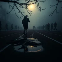 Lone runner on a dark foggy track at twilight, with a puddle reflection and shadowy figures in the misty background