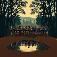 Large group of runners on a dark tree-lined road, reflected in a puddle, in a stylised illustrated scene