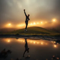 Silhouetted figure jumping with fist raised, reflected in water below, stadium floodlights glowing through foggy dusk sky