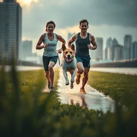 Two runners in tank tops jog beside a golden dog on a wet grass path, with a city skyline behind them.