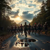 Group of runners on a wet paved road through a forest at sunset, with a mountain behind them and a puddle reflecting them.