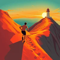 Runner climbing a steep sunlit ridge trail toward a lighthouse, a good hill workout for altitude prep