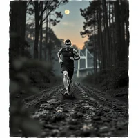 Runner in dark athletic gear running down a muddy forest trail at dusk, with pines, a house and a pale moon