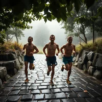 Three runners pushing the pace on a wet cobblestone path under trees, a faster tempo-style session