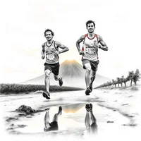 Two male runners competing on a wet road with a mountain in the background, pencil sketch illustration