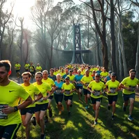 Large group of runners in yellow tops racing along a forest path on a misty morning