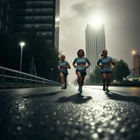 Three women running on a wet urban road at dusk with tall buildings and street lights in the background