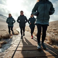 Four people jogging along a wooden boardwalk path through a frost-covered landscape on an overcast day