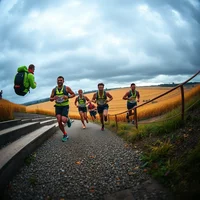 Group of runners racing on a paved country road under cloudy skies, with open fields in the background