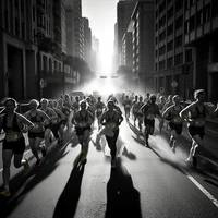 Black-and-white view down a city street as a crowd of runners races toward the camera, backlit by bright sunlight.
