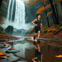 Woman in black running gear jogging beside a waterfall in an autumn forest with orange leaves