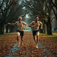 Two shirtless male runners racing side by side on a leaf-covered path lined with bare autumn trees