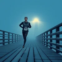 Runner with a race bib running along a wooden boardwalk through thick fog, a glowing light ahead, blue tones