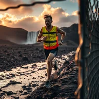 Runner in yellow hi-vis vest on a dark, wet volcanic trail, with a waterfall and cloudy sky behind