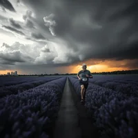 Runner on a straight path through purple fields under dramatic storm clouds at sunset