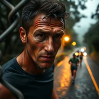 Close-up of a sweaty male runner on a wet road at night, other runners and lights visible in background