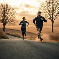 Man and woman running together on a rural road flanked by bare trees under a dramatic cloudy sky