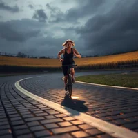 Cyclist riding along a curved brick track under dramatic storm clouds and golden light