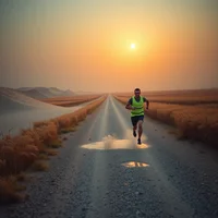 Runner jogging at a steady, easy effort along an open road at sunrise, keeping heart rate in check
