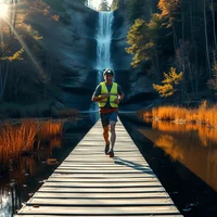 Runner jogging along a wooden boardwalk toward a waterfall surrounded by autumn trees and a calm lake