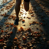 Runner's legs and feet mid-stride on a leaf-covered path in warm golden backlight