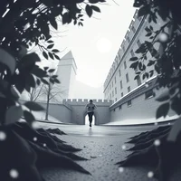 Lone figure walking along a misty urban pathway flanked by large stone buildings, viewed from low angle