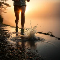 Runner's legs splashing through shallow water on a trail at sunrise, with misty golden light in the background