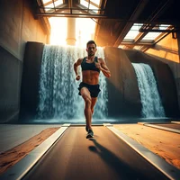 Woman in athletic crop top running on a treadmill inside a gym with large illuminated waterfalls in the background.