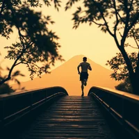 Silhouetted runner jogging along a wooden bridge at dawn, framed by trees and a distant mountain under an orange sky