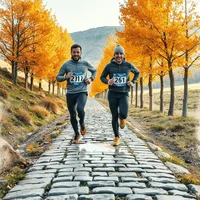 Two runners with race bibs jog toward the camera on a cobblestone path lined with golden autumn trees
